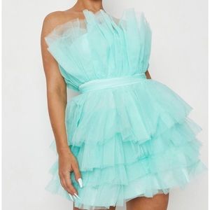 Missguided Aqua Tulle Ruffle Bandeau Mini Dress